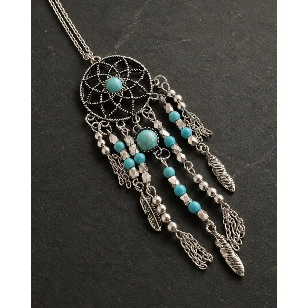 Dreamcatcher Style Pendant Necklace Silver Tone Faux Turquoise